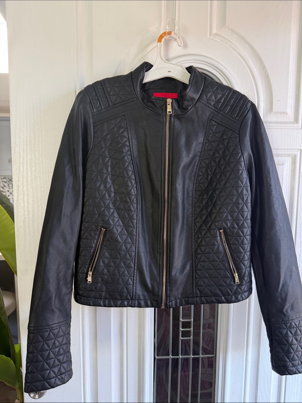 Guess Black Quilted Leather Jacket 
Sz is XL but it fits more like a medium